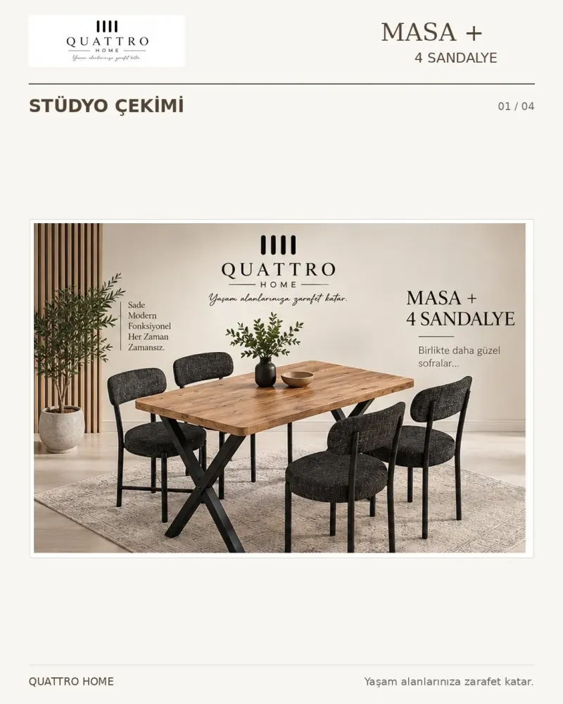 Modern 4 Sandalyeli Mutfak ve Yemek Masası ----Masa ölçüleri 110 cm uzunluk, 70 cm genişlik ve 72 cm yükseklik -