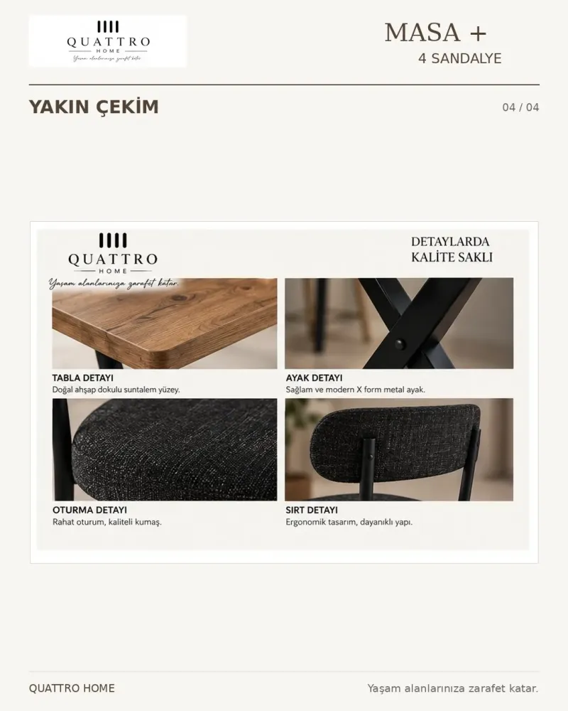 Modern 4 Sandalyeli Mutfak ve Yemek Masası ----Masa ölçüleri 110 cm uzunluk, 70 cm genişlik ve 72 cm yükseklik -