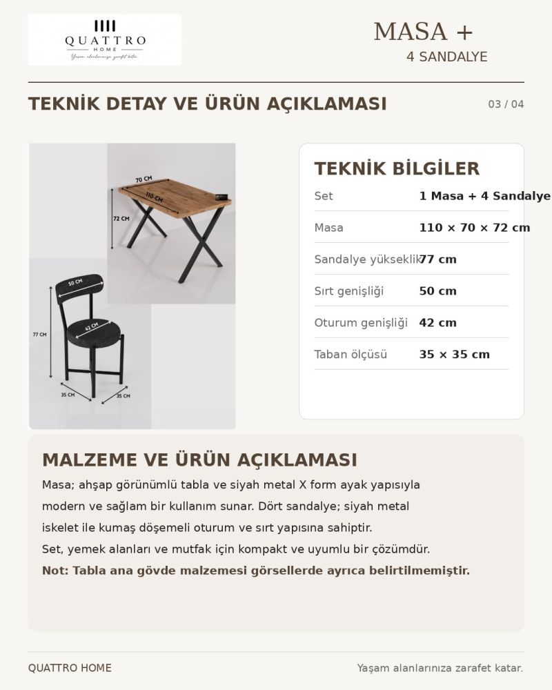 Modern 4 Sandalyeli Mutfak ve Yemek Masası Seti 110x70 cm