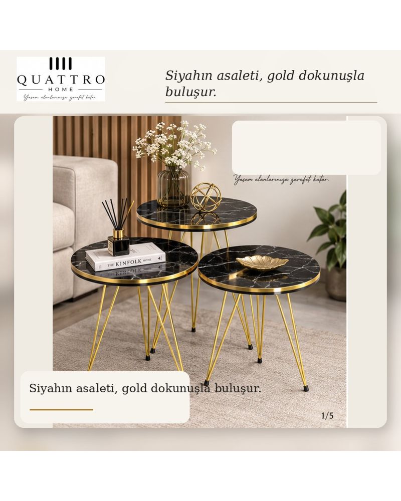 Gold Tel Zigon Sehpa Takımı Siyah Mermer Desenli 3'lü