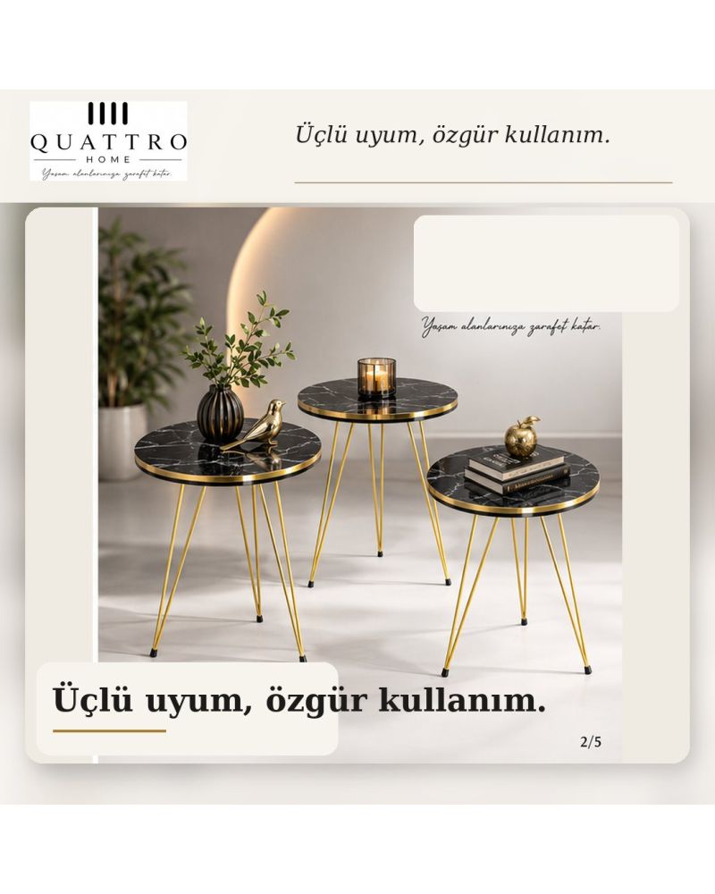 Gold Tel Zigon Sehpa Takımı Siyah Mermer Desenli 3'lü