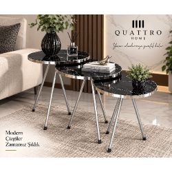 Gümüş Metal Ayaklı Siyah Mermer Desenli 3'lü Zigon Sehpa Takımı