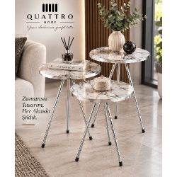 Gümüş Metal Ayaklı Mermer Desenli 3'lü Zigon Sehpa Takımı