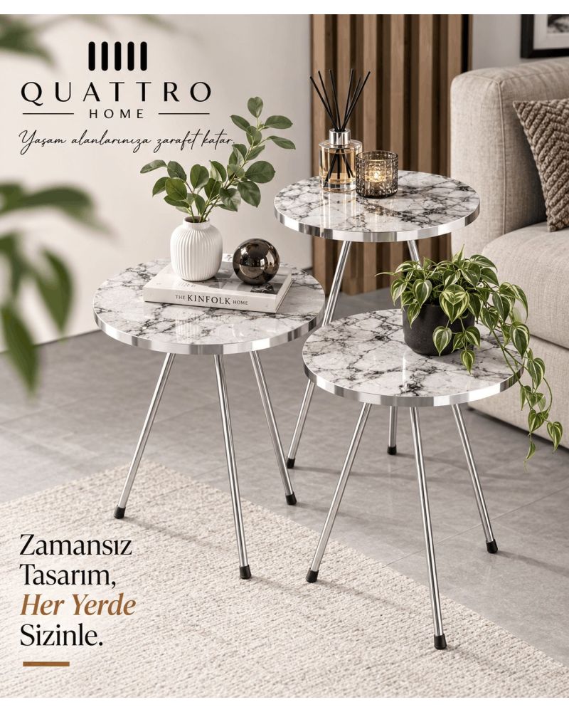 Gümüş Metal Ayaklı Mermer Desenli 3'lü Zigon Sehpa Takımı