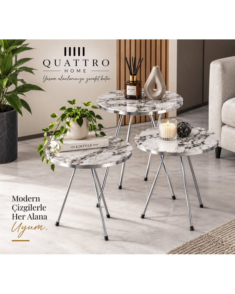 Gümüş Metal Ayaklı Mermer Desenli 3'lü Zigon Sehpa Takımı