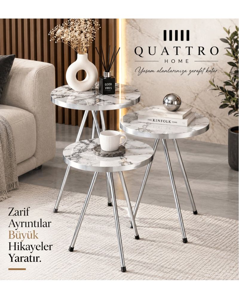 Gümüş Metal Ayaklı Mermer Desenli 3'lü Zigon Sehpa Takımı