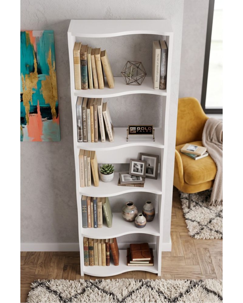 5 Raflı Modern Dalgalı Tasarım Beyaz Kitaplık ve Dekoratif Raf Ünitesi