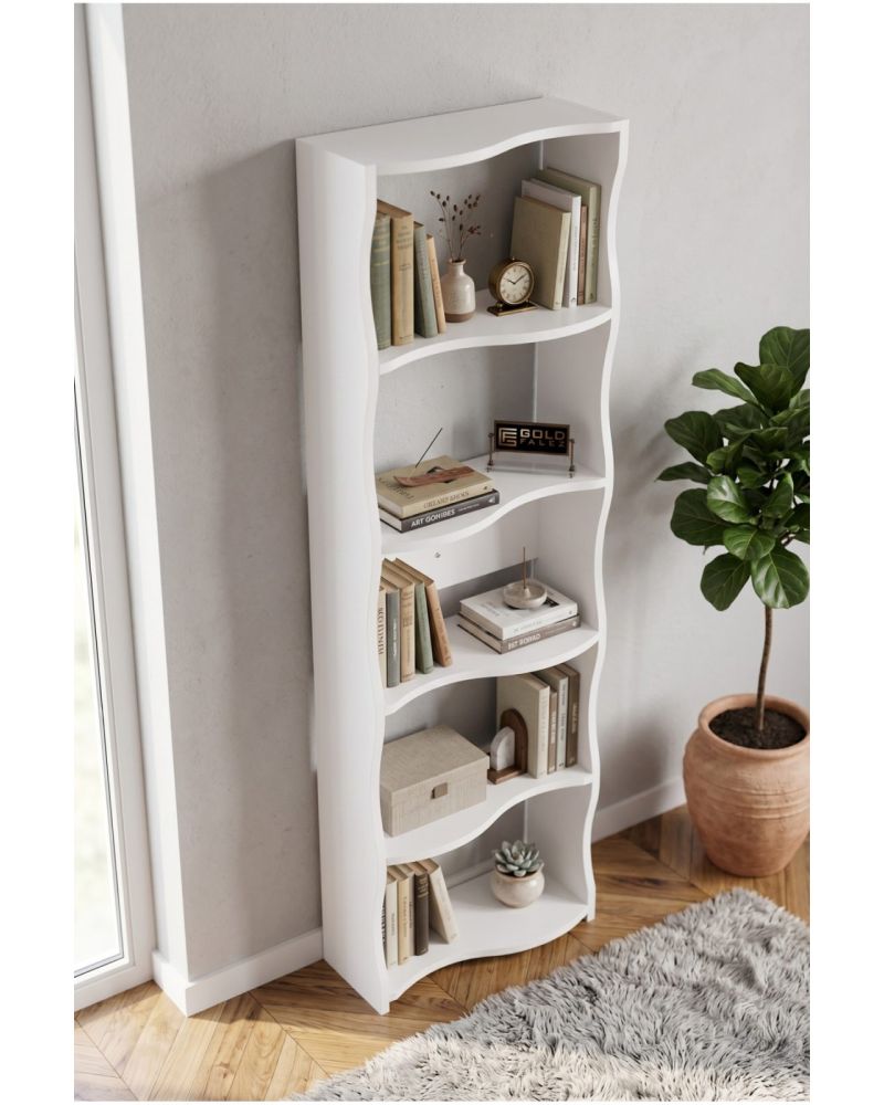 5 Raflı Modern Dalgalı Tasarım Beyaz Kitaplık ve Dekoratif Raf Ünitesi