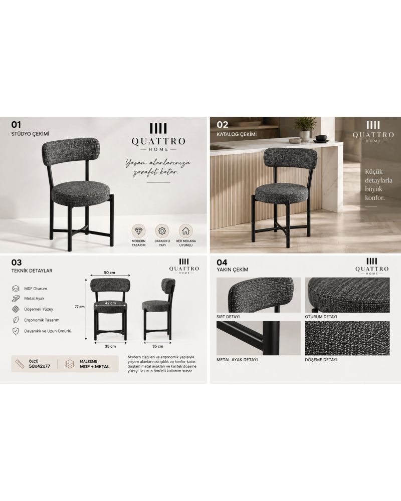 Keten Kumaş Metal Ayaklı Modern Sandalye Antrasit