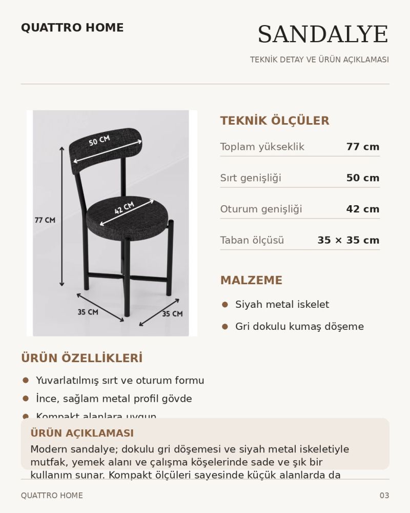 Keten Kumaş Metal Ayaklı Modern Sandalye Antrasit