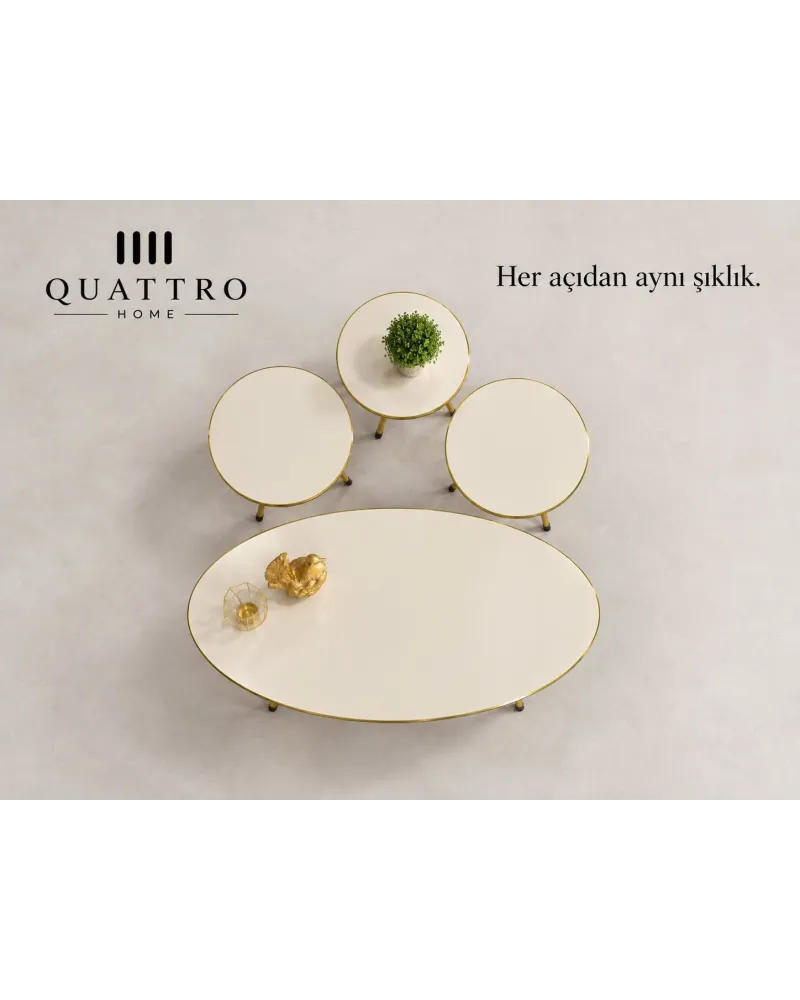 Gold Metal Düz Ayaklı 4'lü Sehpa Seti Krem