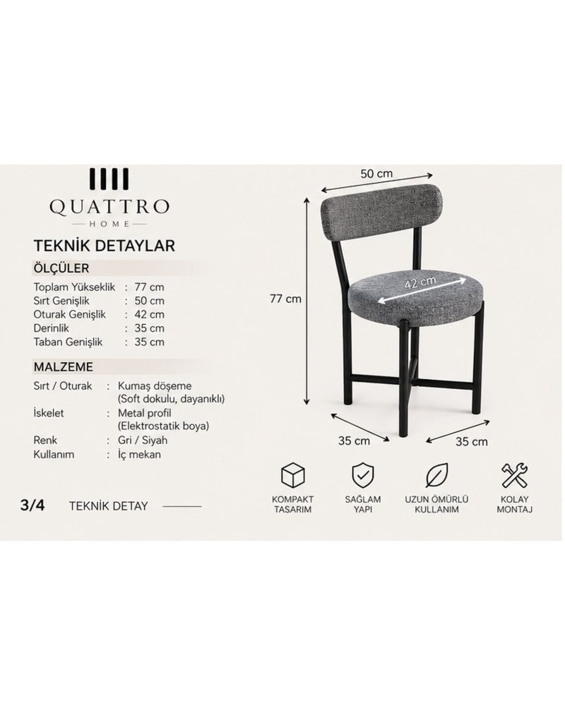 2 Adet Keten Kumaş Metal Ayaklı Modern Sandalye Seti Gri