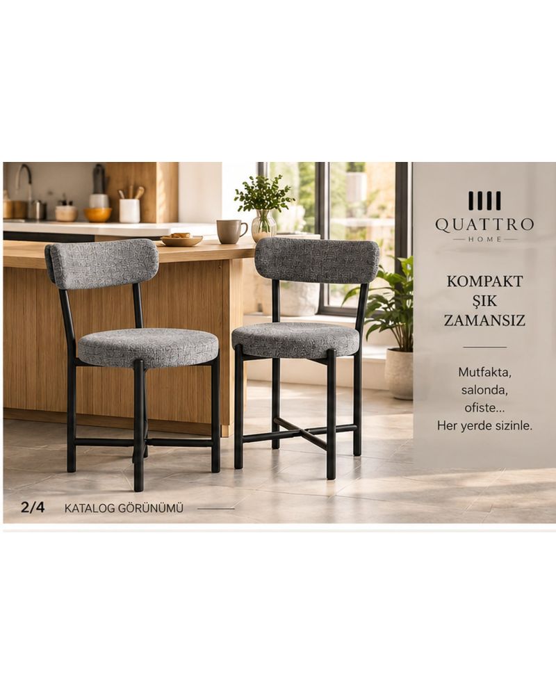 2 Adet Keten Kumaş Metal Ayaklı Modern Sandalye Seti Gri