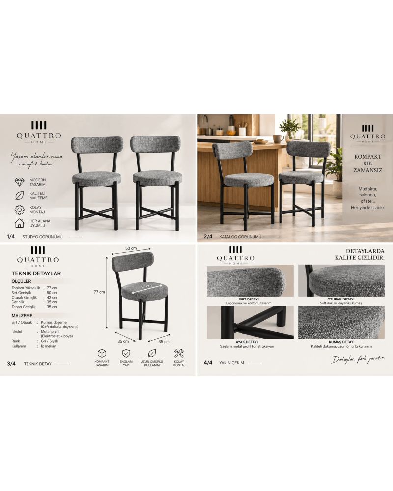 2 Adet Keten Kumaş Metal Ayaklı Modern Sandalye Seti Gri