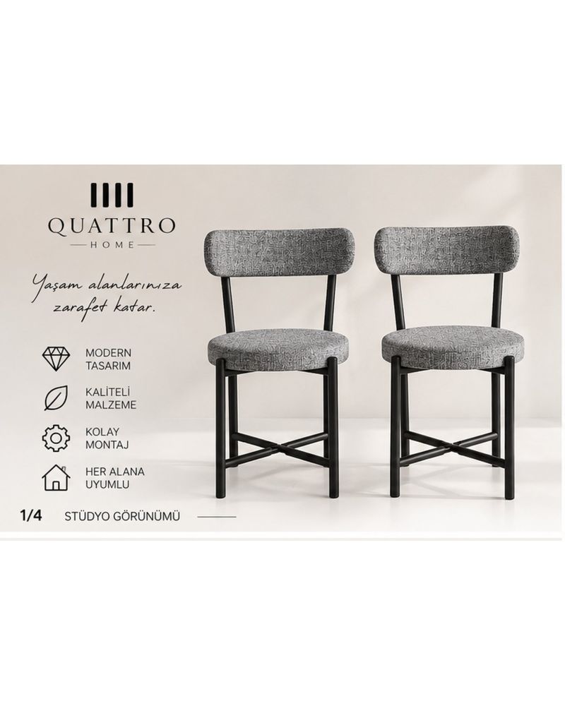 2 Adet Keten Kumaş Metal Ayaklı Modern Sandalye Seti Gri