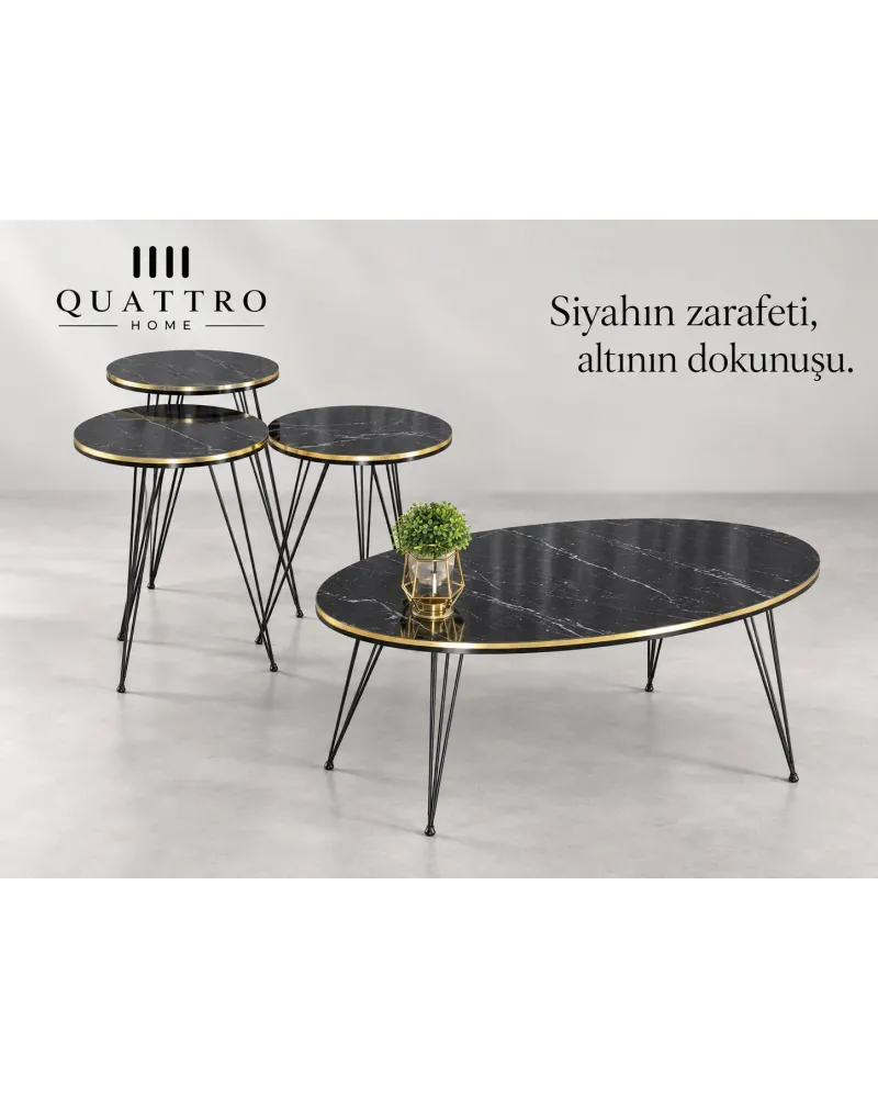 Siyah Tel Ayaklı 4'lü Sehpa Seti