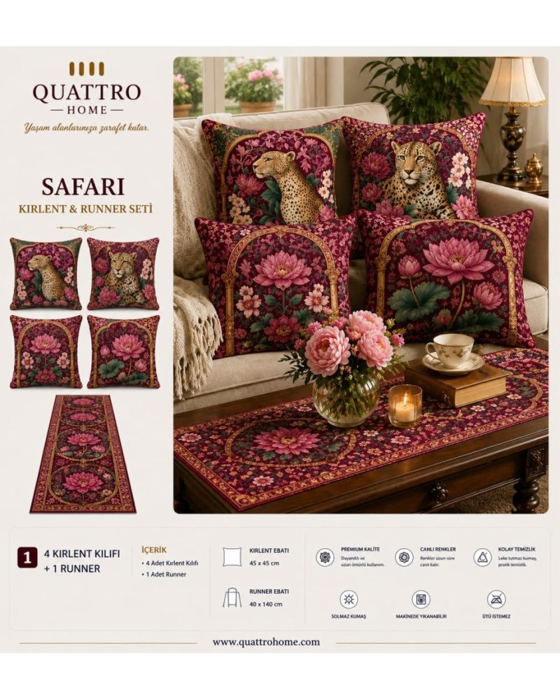 Quattro Home Safari 4 Kırlent Kılıfı + 1 Runner Seti