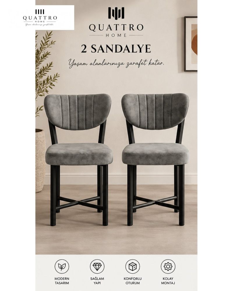 Modern Metal Ayaklı Baby Face Kumaş Mutfak Sandalyesi - 2 Adet - Gri