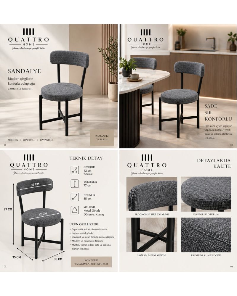 Keten Kumaş Metal Ayaklı Modern Mutfak ve Ofis Sandalyesi - Gri