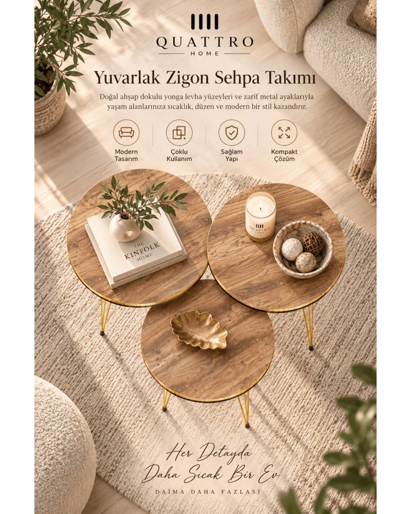 Gold Detaylı Ceviz Renk Zigon Sehpa Takımı
