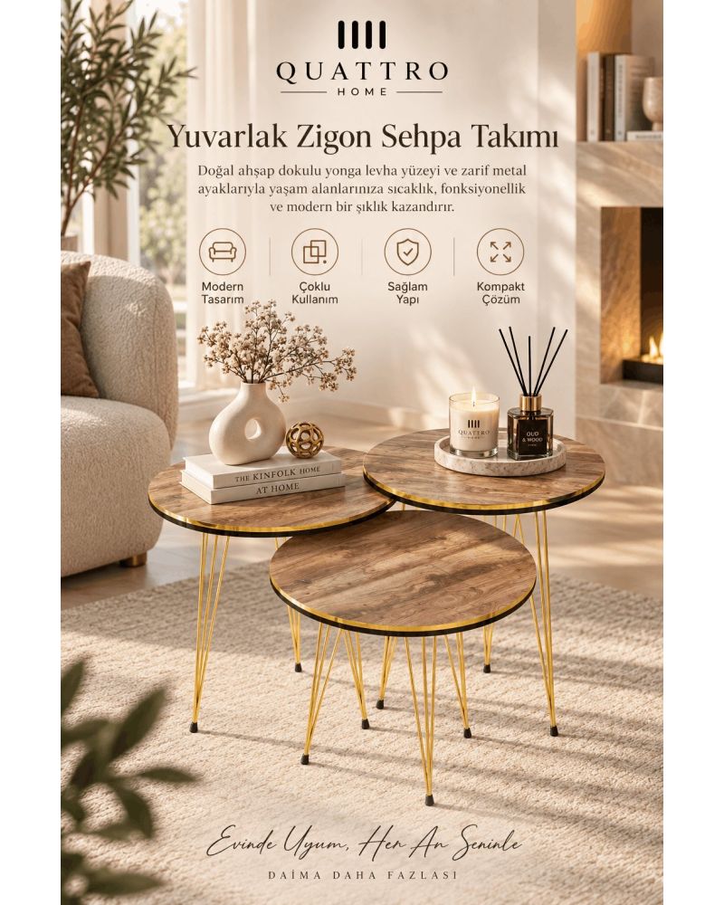 Gold Detaylı Ceviz Renk Zigon Sehpa Takımı