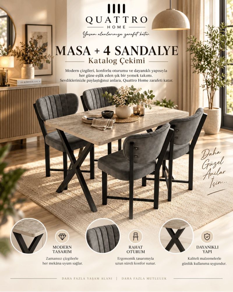 Modern Mutfak Masası ve 4 Sandalye Seti 110x70 cm
