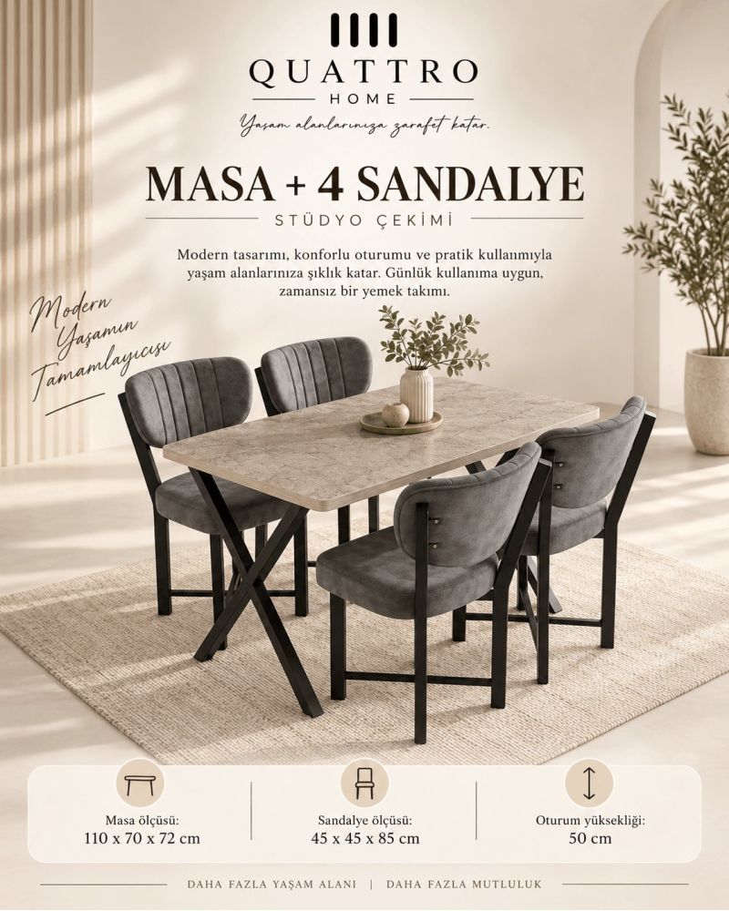 Modern Mutfak Masası ve 4 Sandalye Seti 110x70 cm