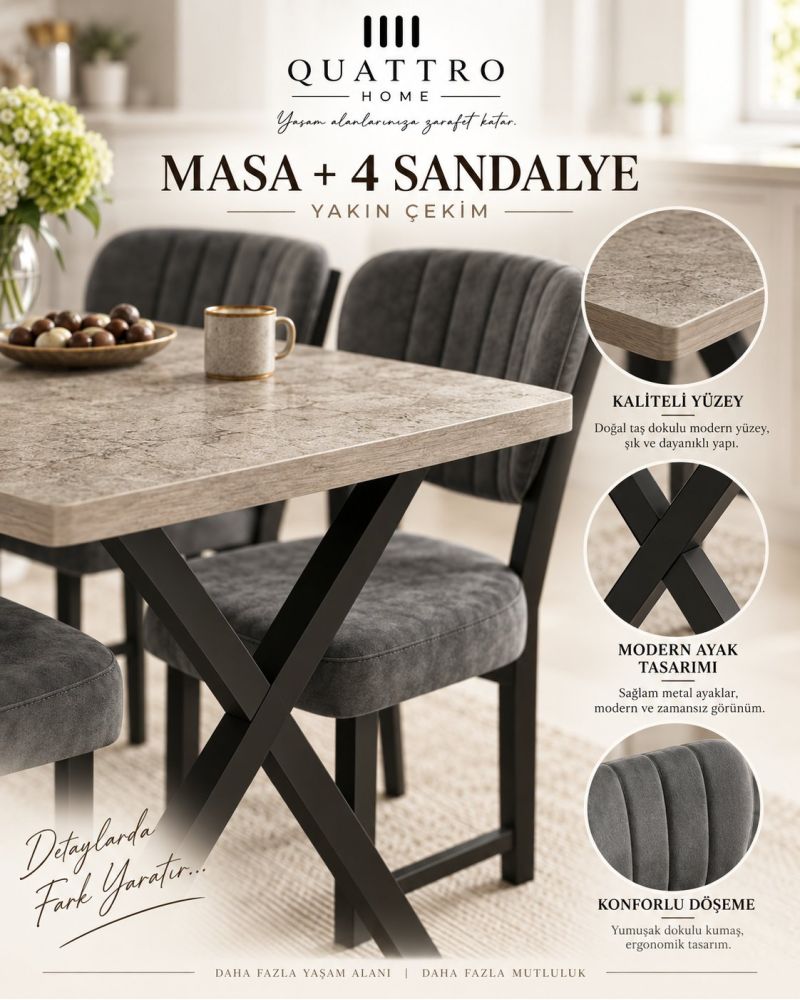 Modern Mutfak Masası ve 4 Sandalye Seti 110x70 cm