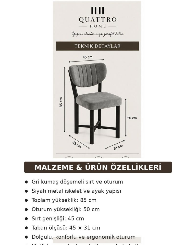 Modern Baby Face Kumaş Metal Ayaklı Mutfak ve Ofis Sandalyesi - Gri