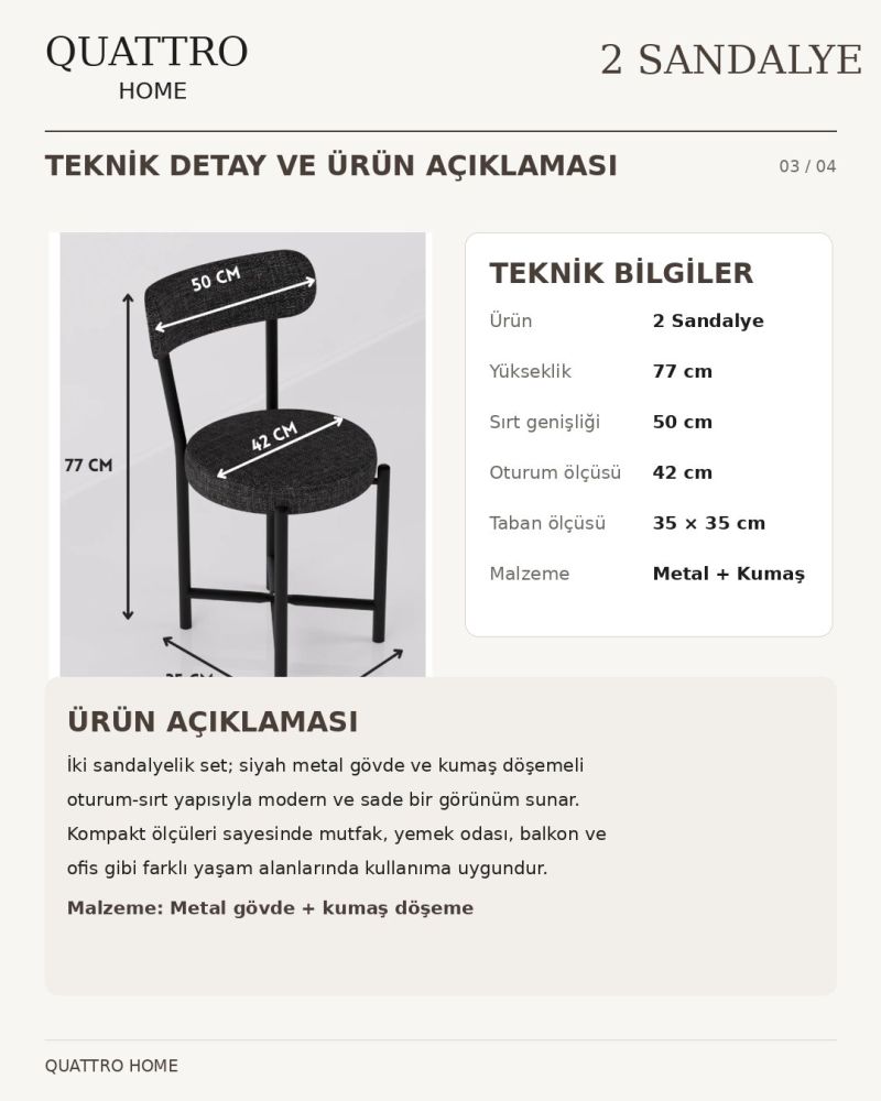 Keten Kumaş Metal Ayaklı Modern Mutfak Sandalyesi 2 Adet - Antrasit