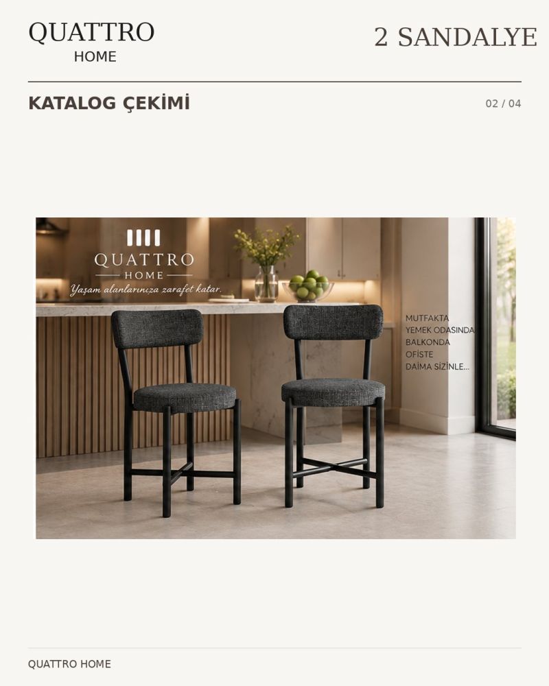 Keten Kumaş Metal Ayaklı Modern Mutfak Sandalyesi 2 Adet - Antrasit