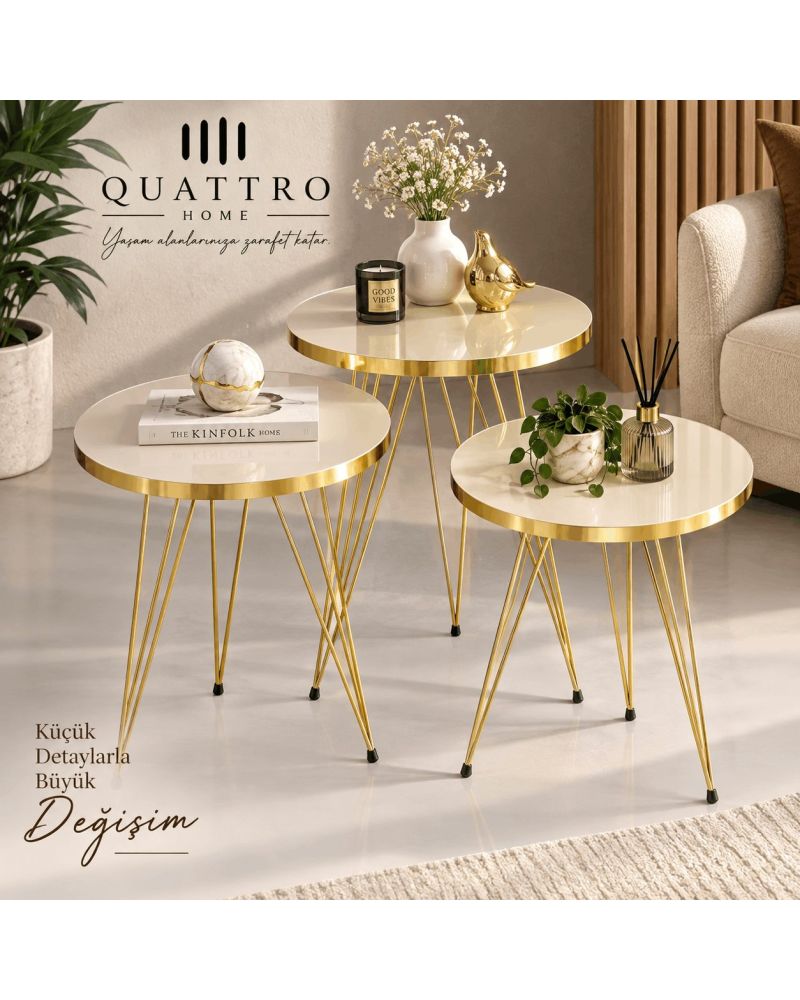 Gold Krem Tel Zigon Sehpa Takımı - 3 Parça