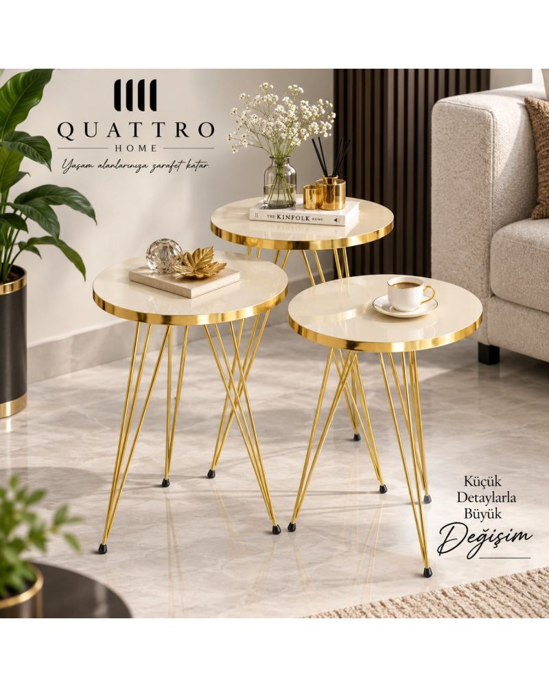 Gold Krem Tel Zigon Sehpa Takımı - 3 Parça