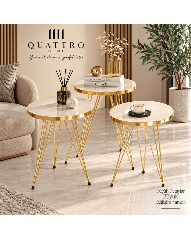 Gold Krem Tel Zigon Sehpa Takımı - 3 Parça