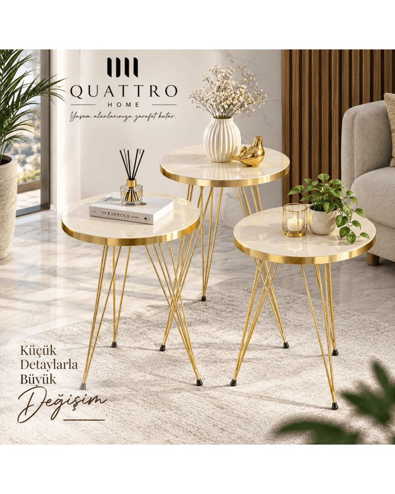 Gold Krem Tel Zigon Sehpa Takımı - 3 Parça