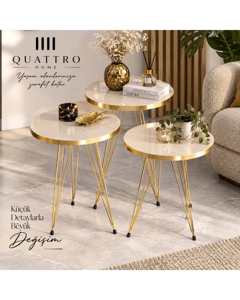 Gold Krem Tel Zigon Sehpa Takımı - 3 Parça
