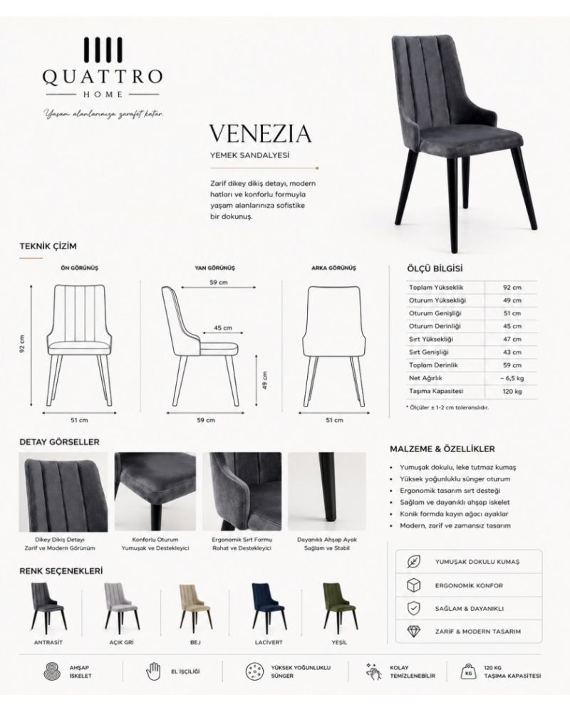 Venezia Antrasit Kadife Dikey Dikişli Siyah Ayaklı Yemek Sandalyesi