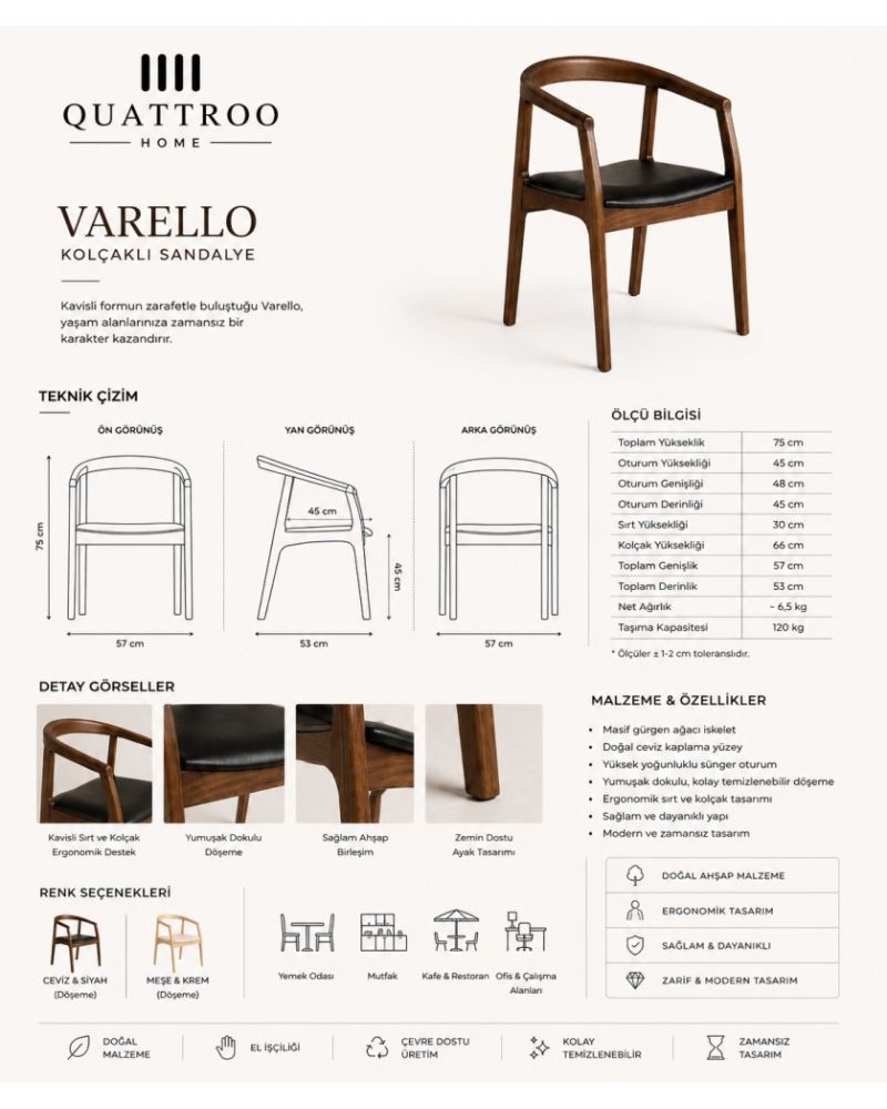 Varello Ceviz Ahşap Kolçaklı Sandalye