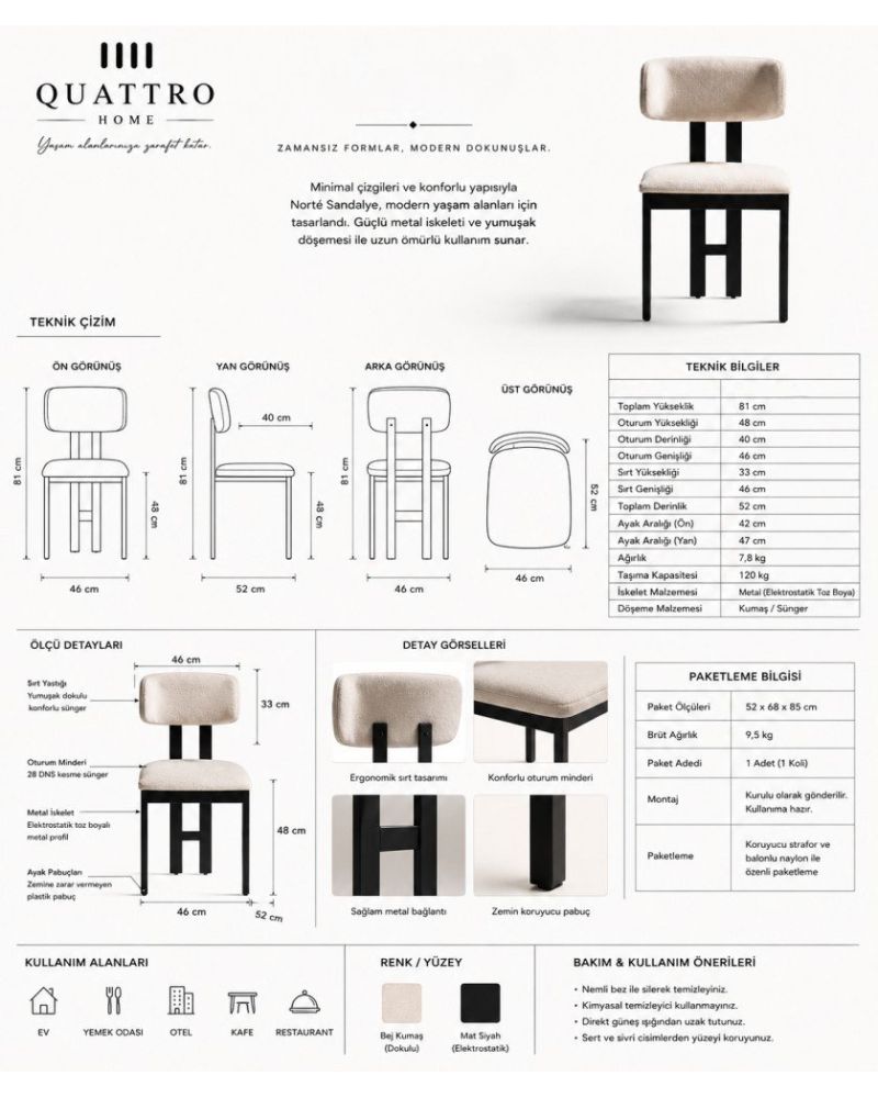 Dorté Bej Kumaşlı Siyah Metal Ayaklı Modern Yemek Sandalyesi