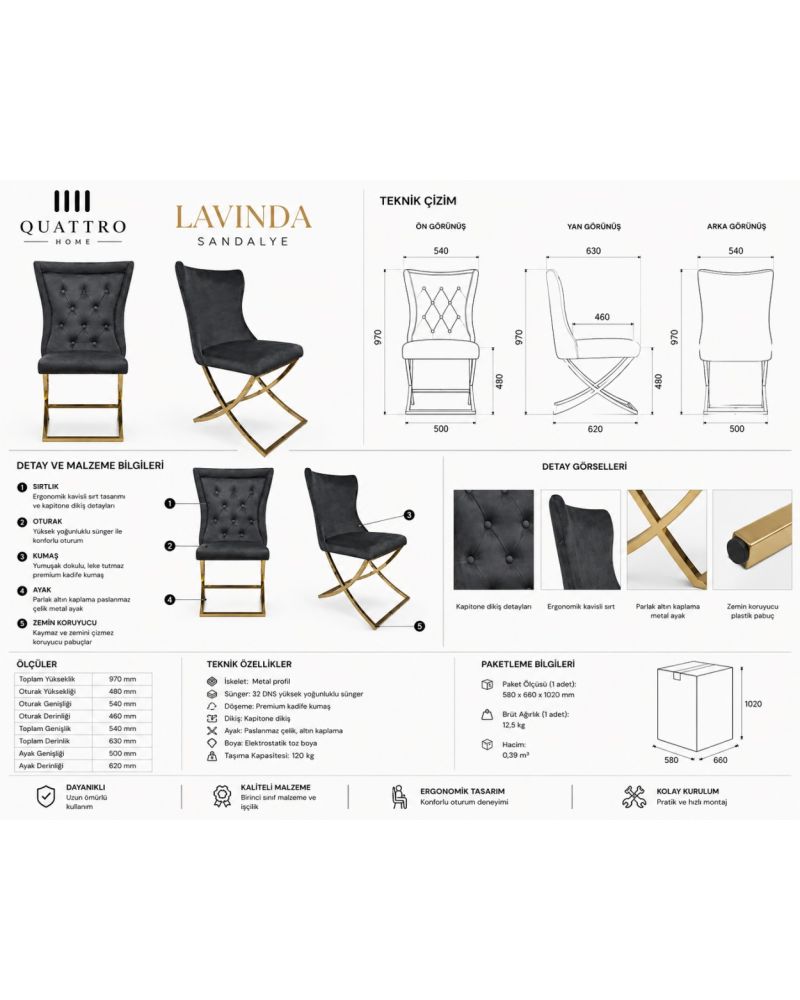 Lavinda Kapitone Sırtlı Gold Metal Ayaklı Antrasit Sandalye