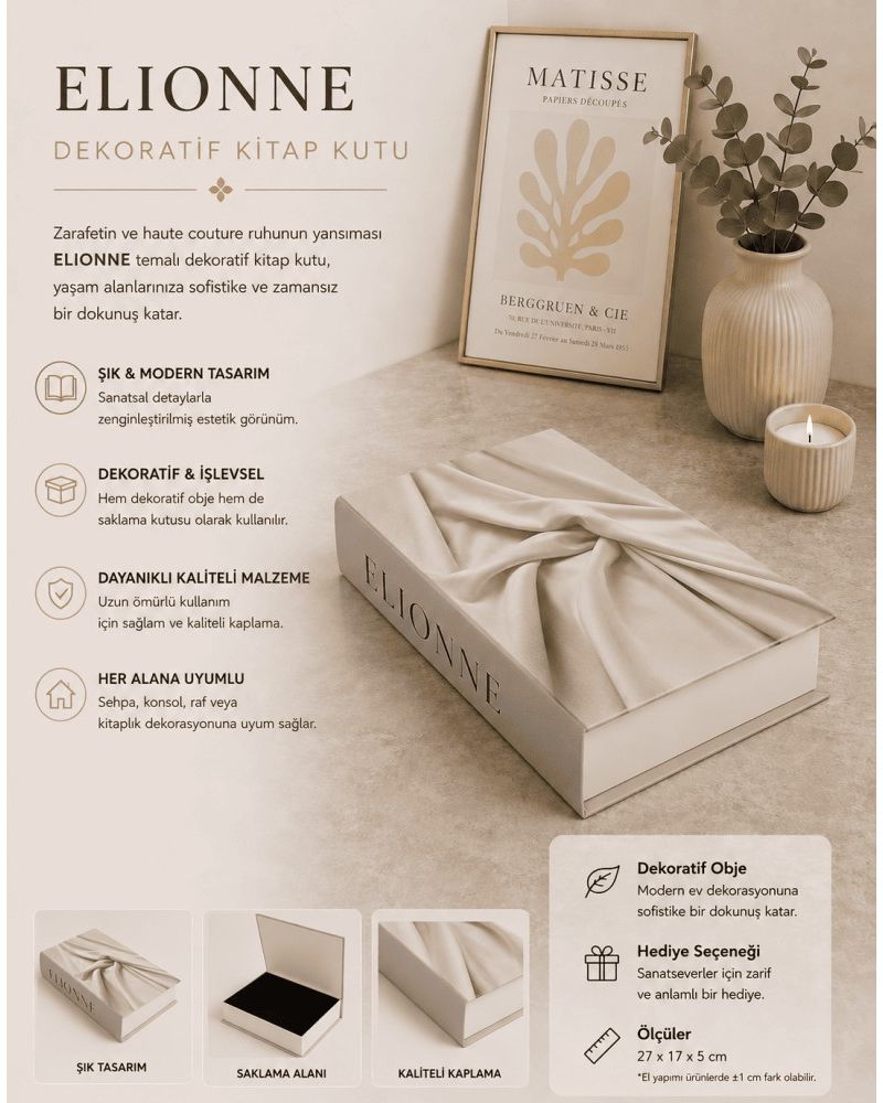 Elionne Krem Dekoratif Kitap Kutu ve Saklama Kutusu