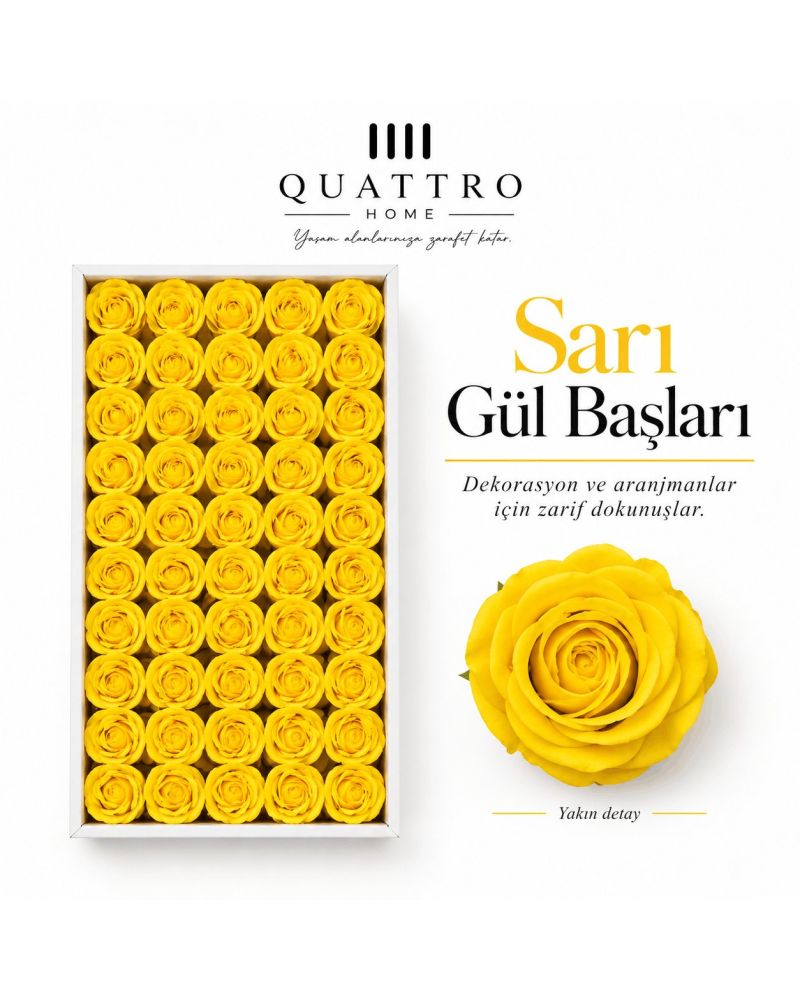 Limon Sarısı - Çap: 4,5 cm : Kafa gül-Islak dokulu - Koku: Hafif ve hoş gül kokusu   * 1 kutuda 50 adet kafa gül bulunmaktadır