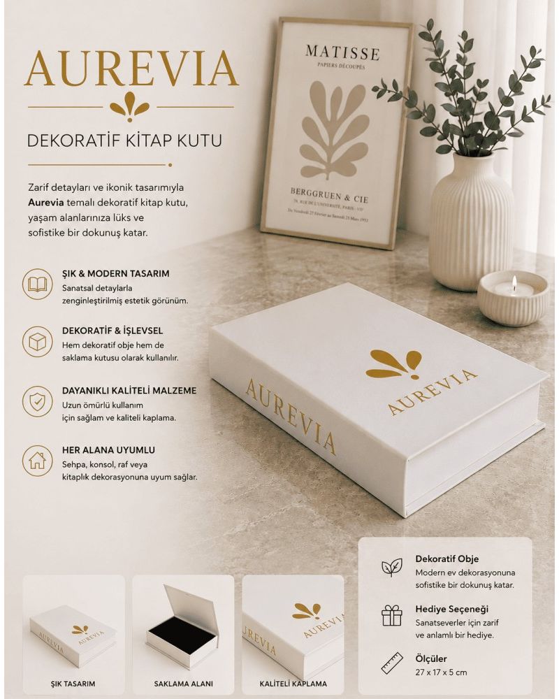 Aurevia Beyaz Altın Detaylı Dekoratif Kitap Kutu