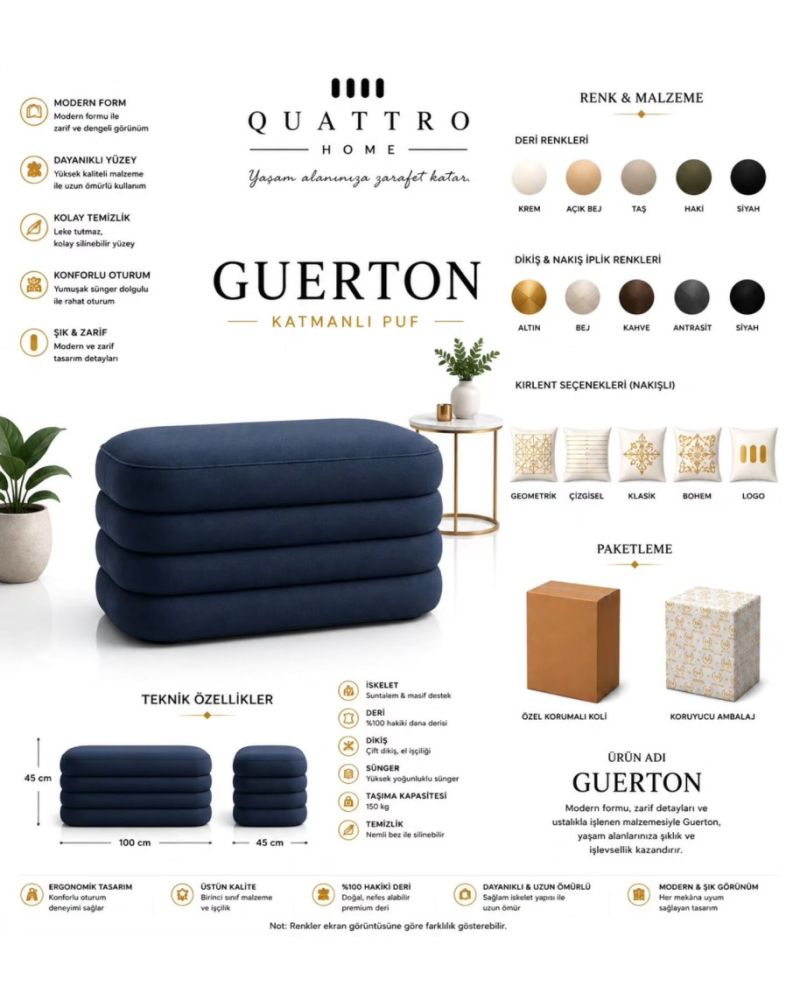 Guerton Katmanlı Puf – Hakiki Deri Geniş Modern Tasarım