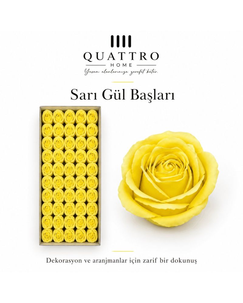 Sarı  Çap: 4,5 cm : Kafa gül-Islak dokulu - Koku: Hafif ve hoş gül kokusu   * 1 kutuda 50 adet kafa gül bulunmaktadır