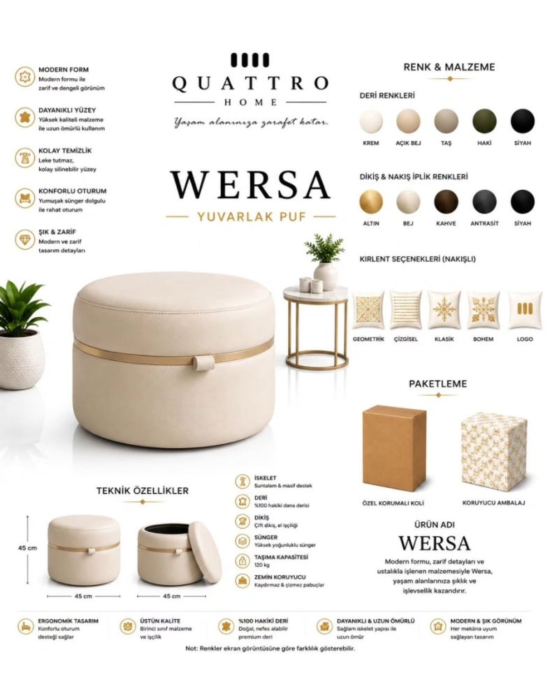 Wersa Yuvarlak Depolamalı Puf – Hakiki Deri, 45 cm Modern Tasarım