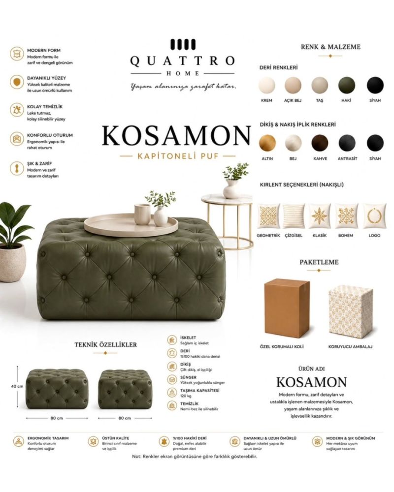 Kosamon Kapitoneli Puf – Hakiki Deri, Kare Modern Tasarım