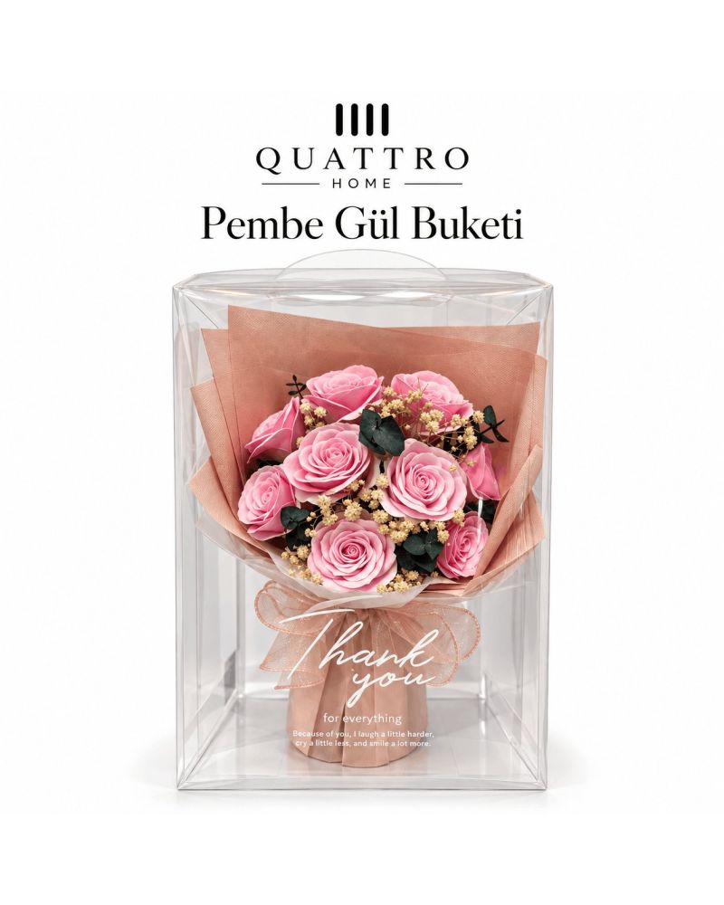 Açık Pembe Gül Buketi Şeffaf Kutu İçinde-Kutu Boyutu: 32 cm