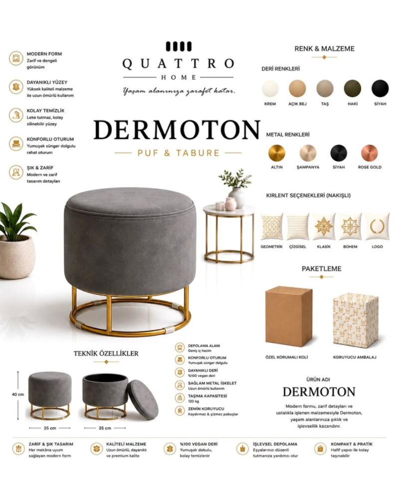 Dermoton Depolamalı Puf Tabure – Vegan Deri, Metal İskeletli