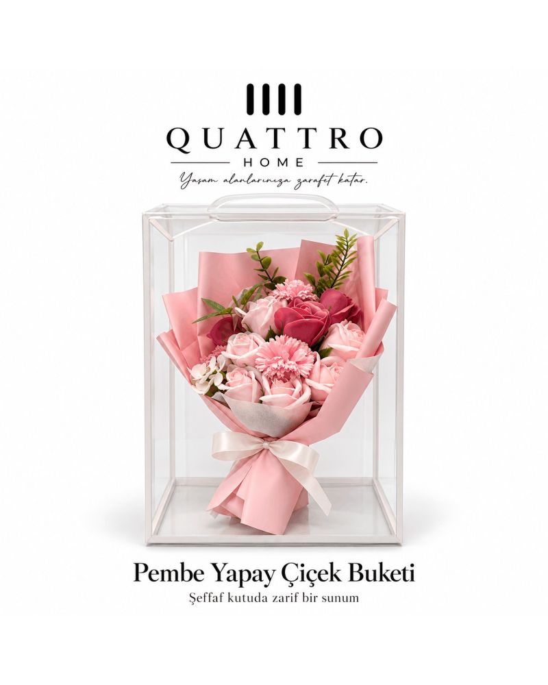 Pudra Pembe Çiçek Buketi Şeffaf Kutulu-32 cm boyutunda şeffaf koruyucu kutu içerisinde